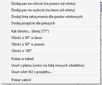 Menu podręczne wlotu na planie
